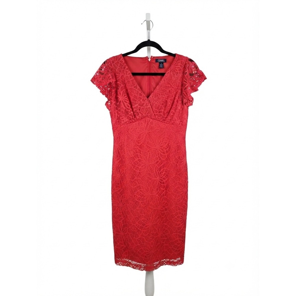 Chaps Womens Red Floral Lace Sheath Dress V-Neck Flutter Sleeve Cocktail Size 4